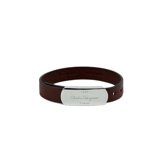 NEW Salvatore Ferragamo Brown Leather & Silver Toned 1927 Logo Buckle Bracelet - Picture 7 of 8